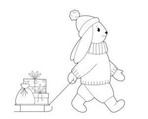 Rabbit with a sled and Christmas gifts. Design element or  page of  children's coloring book