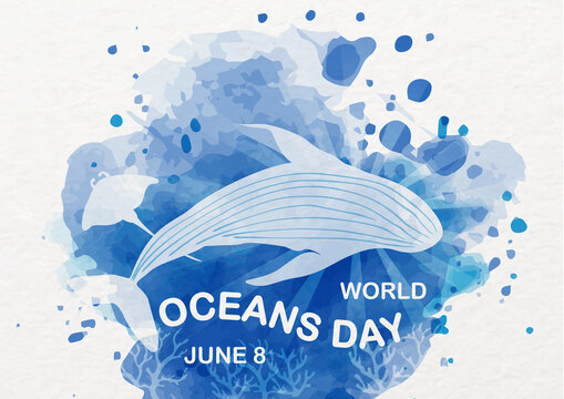 Card and poster of world ocean day with the day and name of event on the scene of under ocean in watercolor style and white paper pattern background.