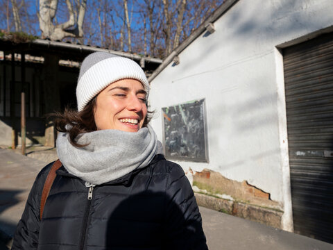 happy woman with eyes close and smiling