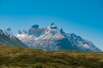 Guernos mountains with clear blue sky, Torres del Paine National Park  in Chile