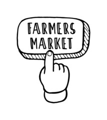 FARMERS MARKET. Vector brush lettering typography - farmers market on a white background. Farm market natural organic product brand sign symbol. Hand drawn logo, doodles badges, icon, label.