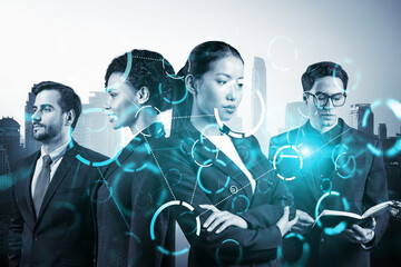 Group of business colleagues working on technology at business process to achieve tremendous growth in commerce. Worldwide process to conduct transactions.