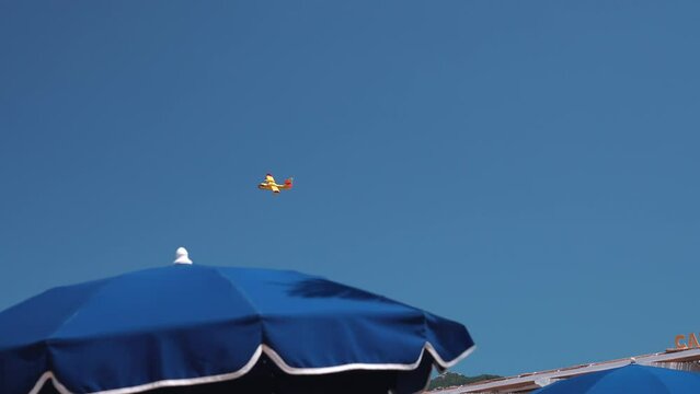 Canadair CL-215 from the Spanish Air Force taking part in a routine firefighting practice mission from Pollensa Bay, Mallorca, Spain