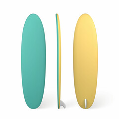 3D blue and yellow surf board. Realistic summer time symbol isolated on white background. Summertime object. Vector illustration