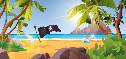 Rocky island with pirate flag and palm trees in the ocean. Bottle with paper message in it. Cartoon vector illustration