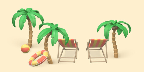 Tropical palm tree, swim ring, swim ball and deck chairs on white background. Summer 3d realistic objects. Vector illustration