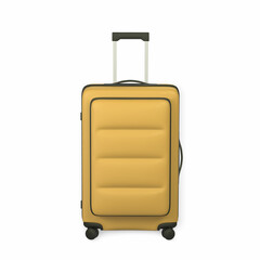 3D yellow travel trolley bag front wiev. Realistic plastic suitcase. Tourism symbol isolated on white background. Vector illustration