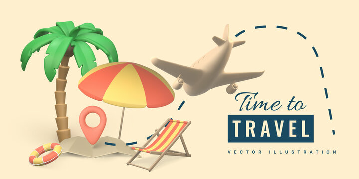 Time to travel promo banner design. Summer 3d realistic render vector objects. Tropical palm tree, sun umbrella, swim ring, beach chair and plane. Vector illustration