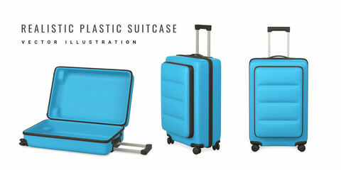 Set of 3D travel trolley bags. Realistic plastic suitcase. Tourism symbol isolated on white background. Vector illustration - obrazy, fototapety, plakaty