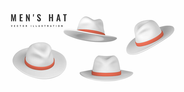 3D realistic white mens hat. Summer hat. Summertime object. Vector illustration