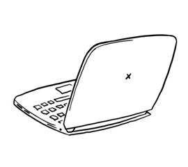 Laptop, open pc computer for remote work at home office, business or study. Modern internet technology. Hand drawn  retro vintage isolated illustration. Old style comic cartoon line art drawing.