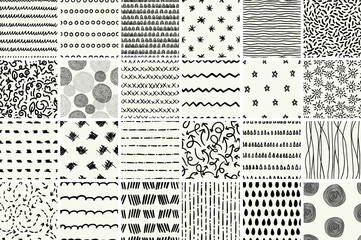 Big set seamless abstract hand-drawn patterns,
line pattern, texture, black and white background.vector illustration