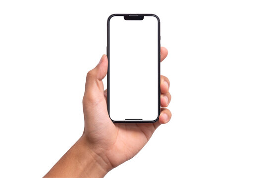 iphone on Hand , holding the smartphone with blank screen and modern frameless design, hold Mobile phone on transparent background Ideal for marketing, app design : Bangkok, Thailand - Apr 13, 2022	
