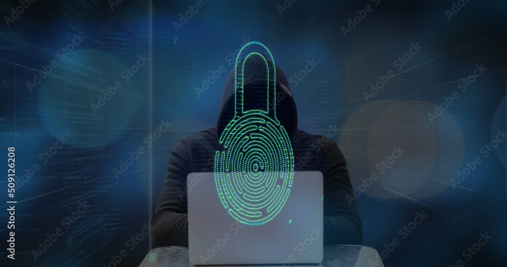 Poster cyber security data processing against male hacker using laptop