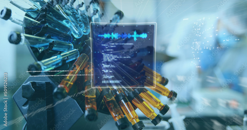 Poster image of scope scanning and data processing over scientific laboratory