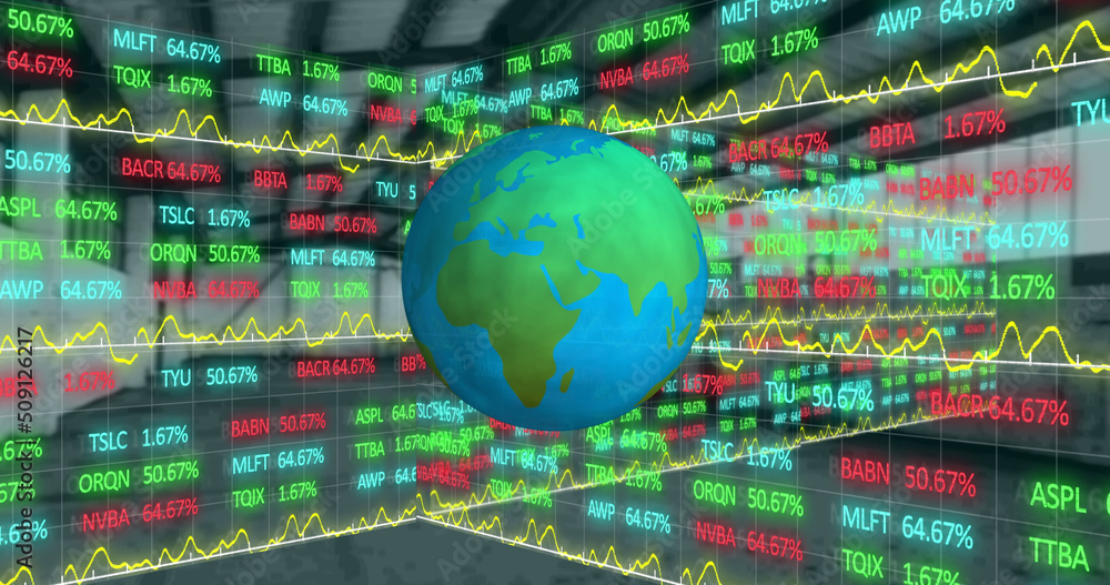 Poster image of globe and financial data processing
