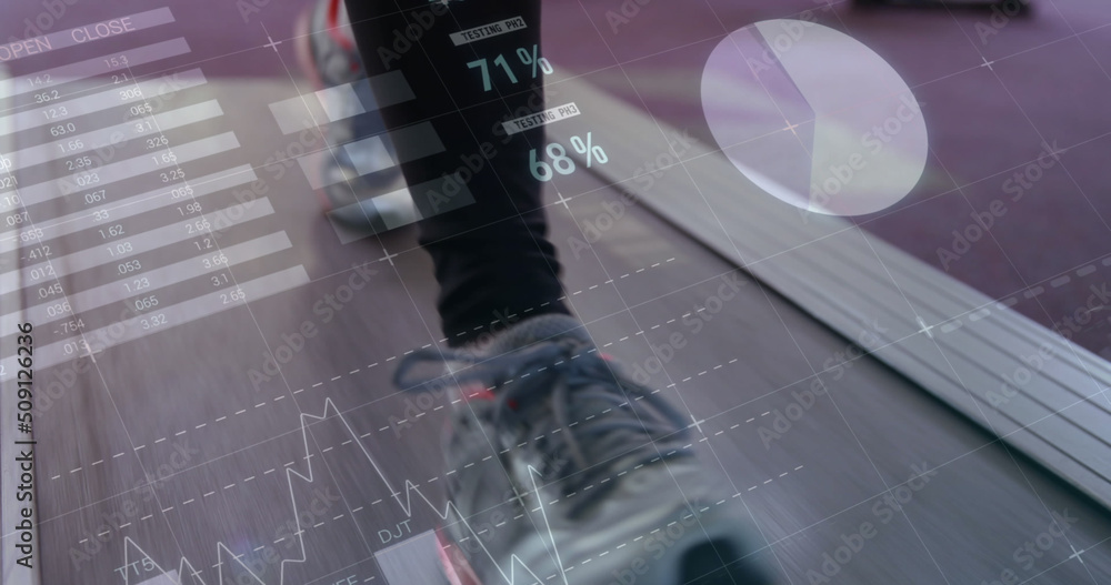 Poster image of legs of person walking on treadmill and data processing