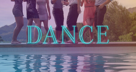 Image of dance text over diverse group of friends dancing by pool