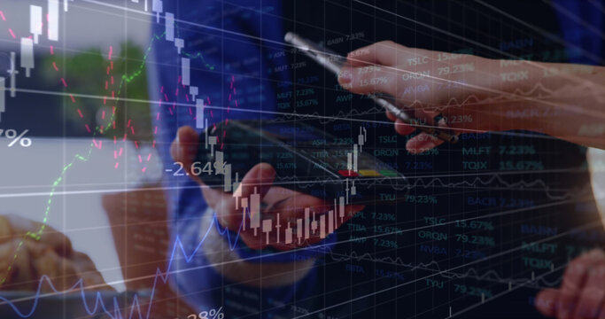 Financial data over person paying with phone on terminal.