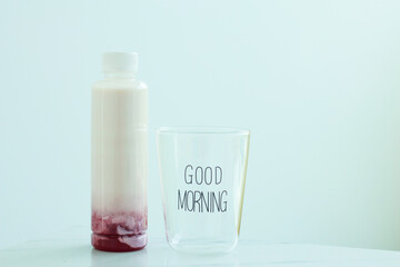 Fototapeta na wymiar korean Fresh strawberry milk with glass in morning.