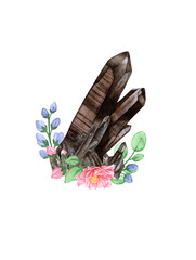 Watercolor smoky quartz with flowers and leaves on white background.