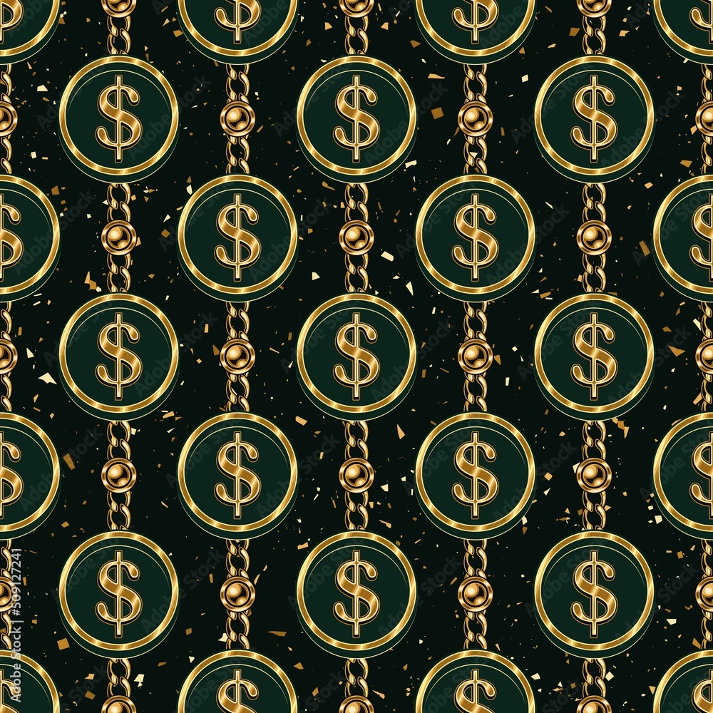 Aufkleber seamless pattern with chains, gold dollar symbols in round frame on a dark green background. backgro