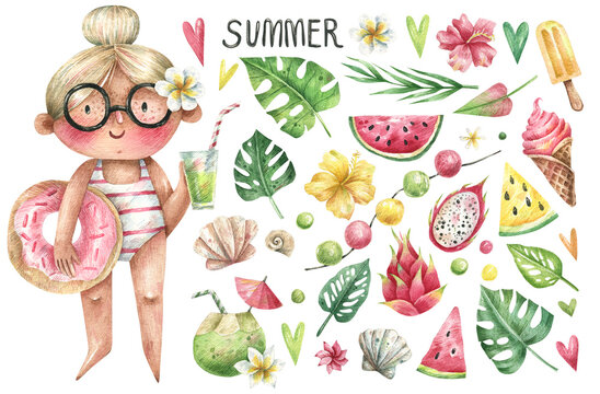 Collection of hand drawn watercolor tropical elements. Cute girl in swimsuit, tropical leaves and flowers, beach decor, watermelon, pitahaya, ice cream. Isolated on white background.