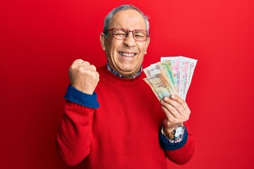 Handsome senior man with grey hair holding united arab emirates dirham banknotes screaming proud, celebrating victory and success very excited with raised arm