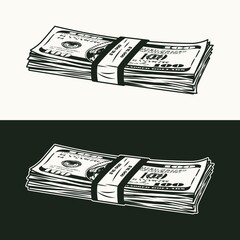 Lying wad of 100 dollar bills banded with a paper tape. Banknotes with front obverse side. Cash money. Vintage style. Monochrome detailed isolated vector illustration. Perspective side view - obrazy, fototapety, plakaty