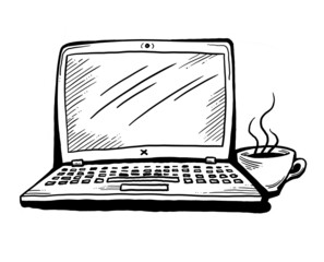 Laptop with coffee mug for morning remote work. Pc computer with cup of tea for freelance home office. Notebook for business and study. Hand drawn monochrome retro vintage old style illustration.