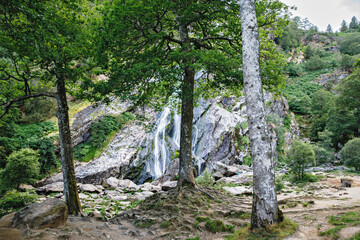 Beautiful water cascade of Powerscourt Waterfall, the highest waterfall in Ireland. Famous tourist...