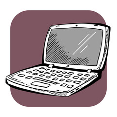 Laptop, open pc computer for remote work at home office, business or study. Modern internet technology. Hand drawn  retro vintage isolated illustration. Old style comic cartoon line art drawing.