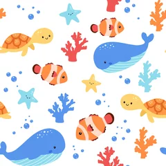 Stickers meubles Vie marine Childish seamless pattern with sea animals on white background. Cute marine underwater fauna with turtle, whale and clown fish. Endless design. Colorful flat cartoon vector characters