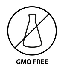 Vector black line or outline symbol or icon of GMO free label icon with flask isolated on white background. genetically modified ingredients, gmo-free food. Dietary concept, free from chemicals.