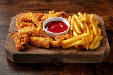 Battered chicken wedges, crispy nuggets, with a bbq sauce on a wooden table, American fast food