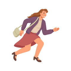 Obraz na płótnie Canvas Female character with bag running for final sale in shop, store or mall. Isolated flat cartoon personage hurrying up for discounts and special proposals for clients, vector illustration