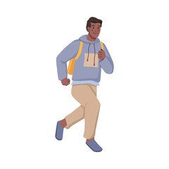 Male personage with bag on shoulders running fast, quick movement and being late for meeting or work. Student teenager trying to meet deadline. Flat cartoon character, vector illustration