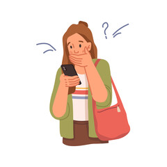 Frustrated and shocked woman reading bad news in smartphone holding cell in hands. Stress and problems, troubles and crisis situation or breakup. Flat cartoon character, vector illustration