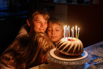 Preteen kid boy celebrating tenth birthday. little toddler girl, sister child and two kids boys...