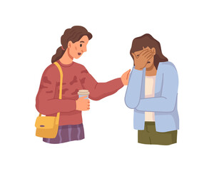 Obraz premium Worried and upset female personage crying because of bad news. Personal crisis or depression, talking to friend for comfort and feeling better. Flat cartoon character, vector illustration