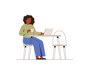 Pregnant businesswoman works from office or home. Young mother freelancer drinks coffee and uses laptop for planning or online meeting. Professional occupation during maternity. Vector illustration