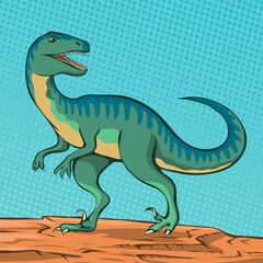 Velociraptor with dangerous claws. Predatory dinosaur of the Jurassic period. Strong hunter raptor. Prehistoric pangolin. Cartoon vector art illustration hand drawn. Pop art comic style