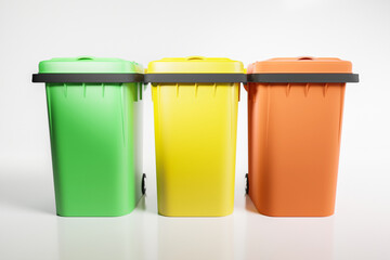 Garbage bins on isolated white background, 3d render illustration. Sorting trash or litter, recycling concept, clean and neat copy space background, vivid colors