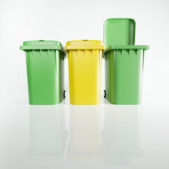 Garbage bins with open lid on isolated white background, 3d render illustration. Sorting trash or litter, recycling concept, clean and neat copy space background, vivid colors