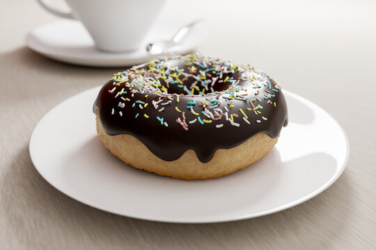 Chocolate doughnut on a plate, close-up view with shallow depth of field, 3d render. Photorealistic illustration of a tasty donut, light wood background