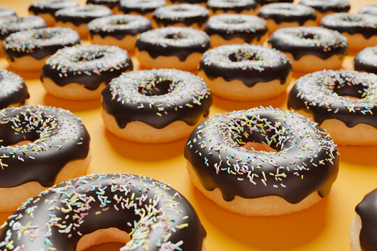 Chocolate donuts on vibrant orange background, close-up, 3d rendered pattern. Food background, doughnuts illustration with shallow depth of field