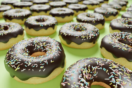 Chocolate donuts on lime green background, close-up, 3d rendered pattern. Food background, doughnuts illustration with shallow depth of field