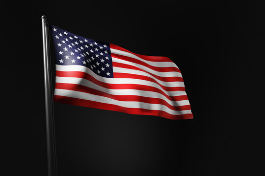 American flag on a flag pole in the wind, 3d rendered illustration. The flag of the USA in dark low-key background