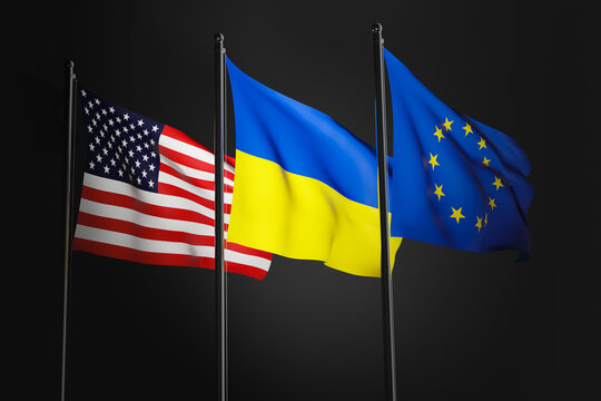 European Union, Ukraine and USA flags in the wind, 3d rendered illustration. Flags of partners, alliance in dark low-key background