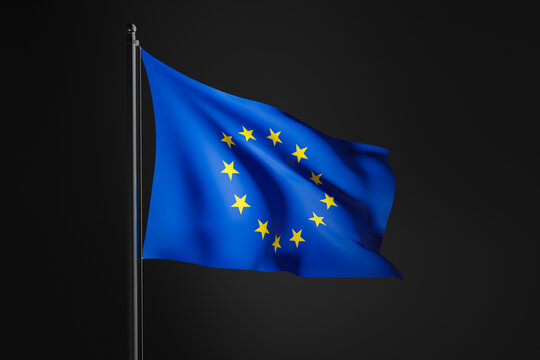 European Union flag on a flag pole in the wind, 3d rendered illustration. The flag of EU in dark low-key background